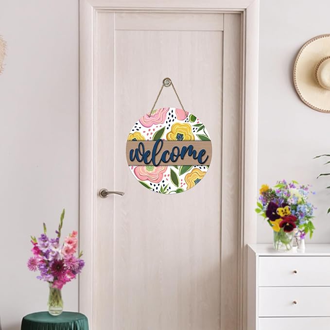 Welcome Spring Summer Flower Front Door Sign, Pink Yellow Floral Wood Door Hanger Outdoor Outside Porch Decor, Farmhouse Wooden Wreath Indoor Wall Hanging Decoration