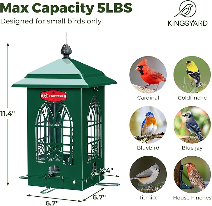 Kingsyard Squirrel Proof Bird Feeders for Outdoors with Weight-Activated Perches, 5 Lbs Capacity Large Metal Bird Feeder House for Small Wildbirds Cardinal Finch Bluebird, Weatherproof, Green