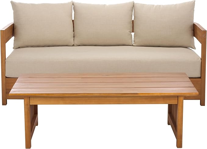 SAFAVIEH Outdoor Patio Furniture Collection - Kento Natural Wood 3-Seater Sofa with Taupe Cushions, Wide & Comfortable Deep Seating, Modern Design (PAT7098A)