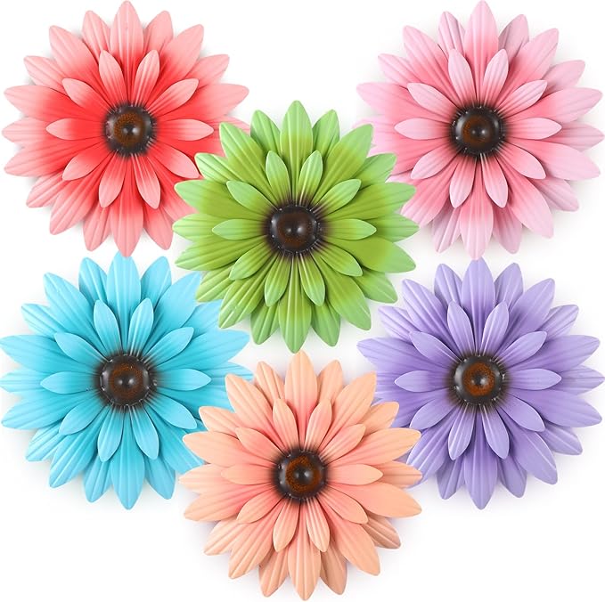 Zhehao 6 Pcs Metal Flower Wall Art Decor 8 Inch Sunflower Wall Decorations Hanging Outdoor Art Multicolored Handmade Metal Flowers Outdoor Decor (Morandi Color)