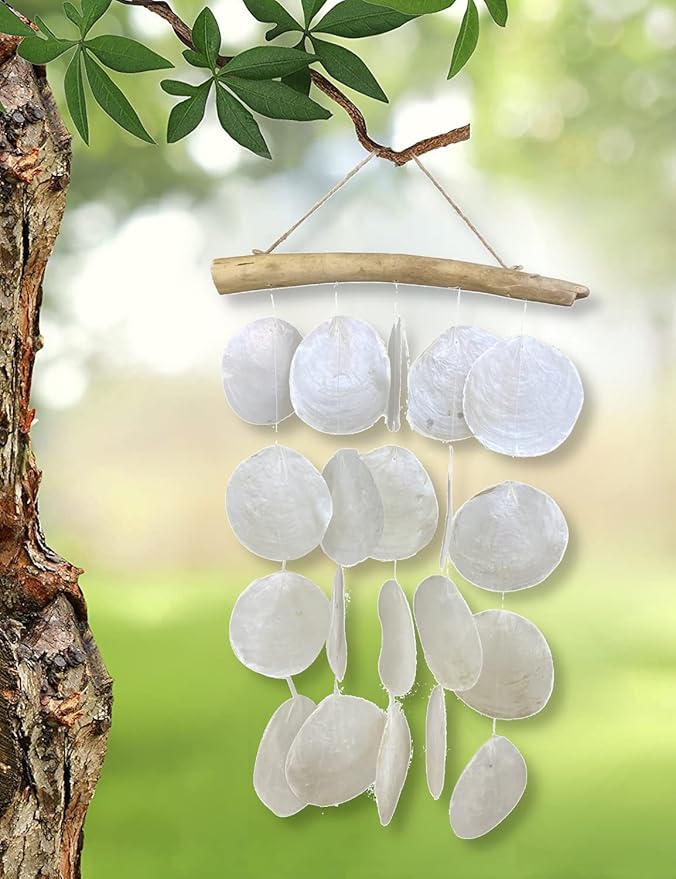 Capiz Wind Chime for Outside – Jumbo Rustic White Shell and Driftwood Windchime Outdoor Garden Patio Décor Gift 18” Long