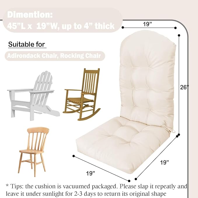 Adirondack Chair Cushion, Waterproof Outdoor Seat Cushions for Patio Furniture, Thick High Back Replacement Pad for Porch Lawn Wicker Dining Desk Chair, Rocking Chair Cushion, Beige