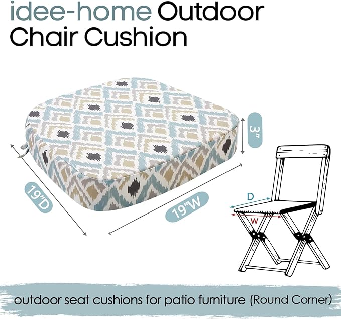 idee-home Outdoor Chair Cushions Set of 4, 19" x 19" x 3" Thick D-Shaped Patio Furniture Outdoor Seat Cushions Waterproof with Ties, Dining Pads