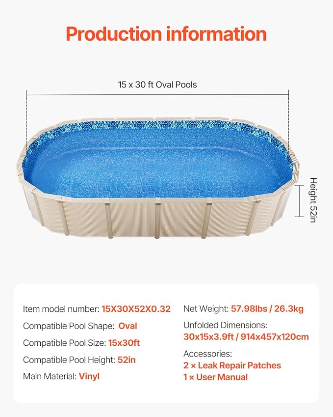 VEVOR 15 x 30 ft Oval Pool Liner, Unibead Above Ground Pool Liners, 52in Wall Height, Durable Standard Gauge Vinyl, Designed for Steel Sided Above-Ground Swimming Pools