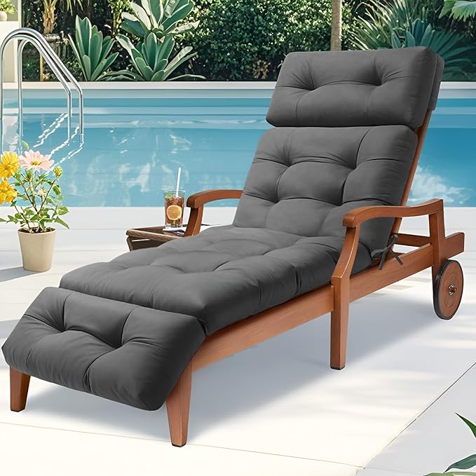 Outdoor Lounge Chair Cushions Waterproof Long Lounger Chair Cushion Chaise Chair Cushion with Ties, Patio Recliner Thickened Lounge Cushions for Indoor 74.4 x 22 x 4.7 Inches, Cushion Only(Grey)