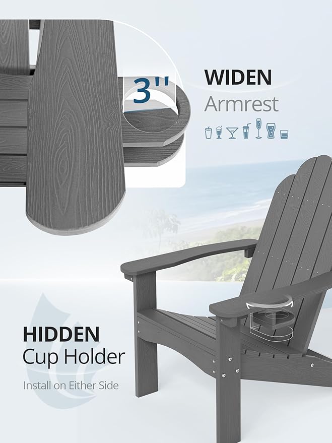 LUE BONA HDPE Adirondack Chair,Plastic Adirondack Chairs with Cup Holder Weather Resistant for Outdoor, Patio, Lawn, Garden, Backyard Deck, Fire Pit, Dark Gray