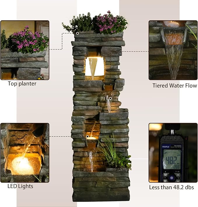 60 inches Large Outdoor Water Fountain Waterfall — Garden Rock Fountains 4-Tiered Waterfalls Outdoor with Lights Natural Stone Look Hollow Fountain for Patio Pool Porch Backyard, Stone Gray