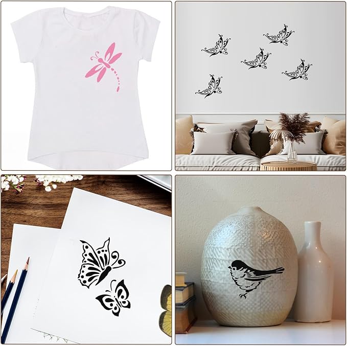 12pcs Hummingbird Butterfly Dragonfly Stencils Template, 5.5 inch Reusable Plastic Stencils for Painting on Wood Canvas Walls DIY Crafts Nature Spring Template Home Decor