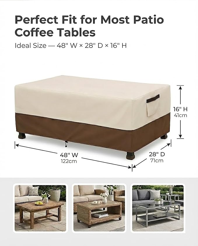 Waterproof Patio Coffee Table Cover, 600D Heavy Duty Outdoor Furniture Covers, Weather & UV Resistant, Windproof with Buckles, Rectangular Table Cover for Backyard Patio 48 x 28 x 16 in, Beige & Brown
