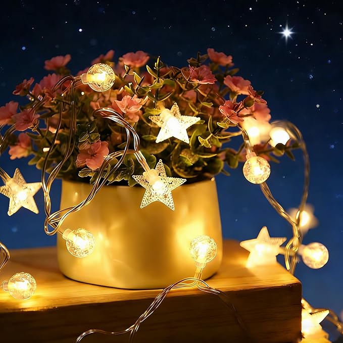 Shining Star Light Bulb Lights 9.8 FT 20 LED Lights with Battery Operated Warm White String Lights for Holiday Party Bedroom Wedding Garden Decoration (Light Bulb Star, 9.8FT)