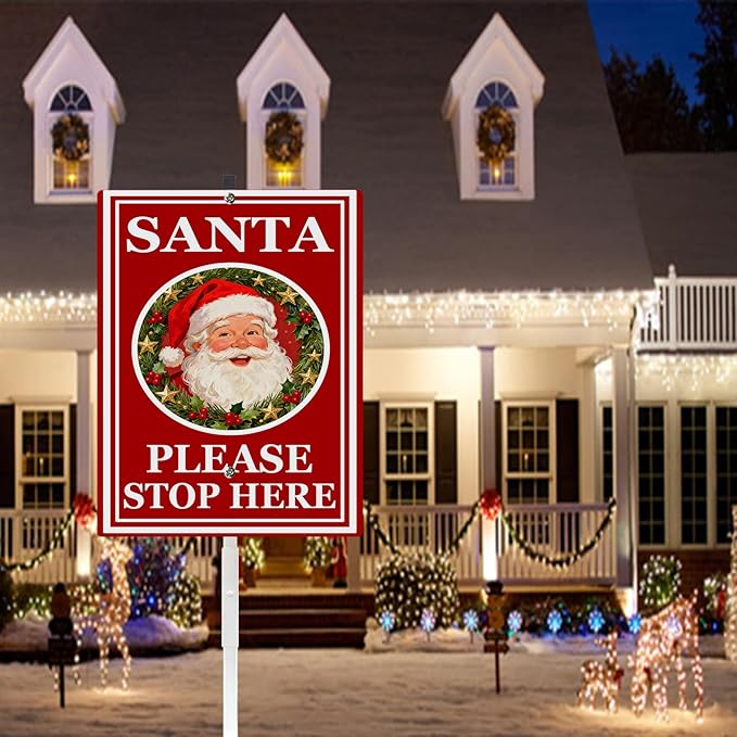 Santa Stop Here Yard Signs With Stake Rustproof Reflective Aluminum Christmas Decoractive Garden Stakes for Lawn Outdoor Decorations 8x12 In