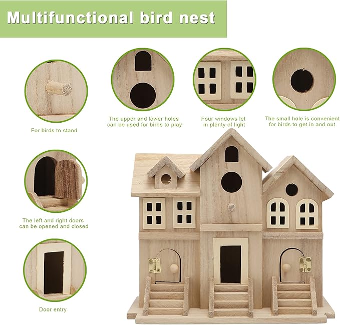 Lyfreen Paulownia Wood Bird House with Pole, Outdoor Hanging Birdhouse for Bluebirds, Wrens, Hummingbirds, Finches - Wooden Garden Bird House