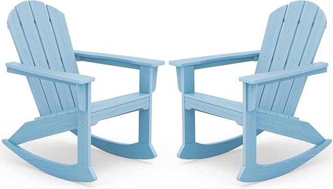 SERWALL Outdoor Adirondack Rocking Chairs Set of 2, All-Weather HDPE Adirondack Rocker Chairs, Front Porch Rocker Chairs for Patio Lawn Porch Deck, Light Blue