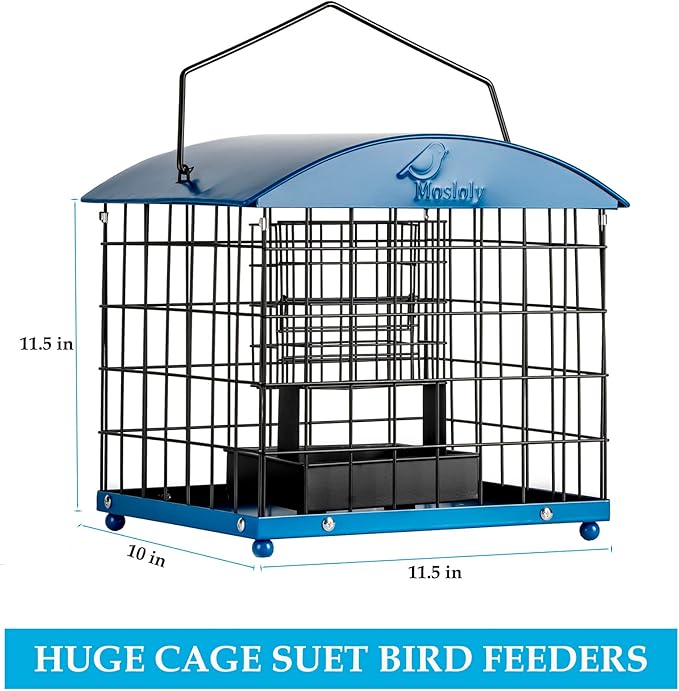 Caged Suet Bird Feeders Squirrel-Proof, Dual-Purpose Suet &Seed Wild Bird Feeders with Tray, Starling-Proof Metal Caged Bird Feeders Outdoors Hanging, 2 Suet Cakes+1lb Seed Capacity, Blue