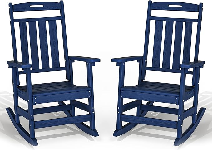 Plawdlik Oversized Outdoor Rocking Chair - All-Weather Resistant,HDPE Heavy Duty Patio Rockers with High Back - Perfect for Porch,Garden,Modern Style Set of 2-Navy Blue