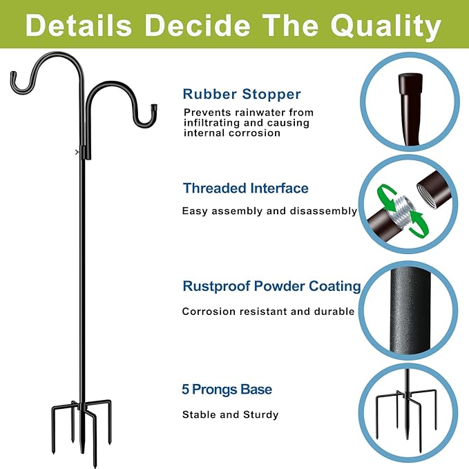 Double Shepherds Hook for Outdoor,94 Inch Bird Feeder Pole with 5 Prongs Base, Heavy Duty Adjustable Garden Hook for Hanging Plant, Solar Light, Lantern, Weddings Decor, Hummingbird Feeder(1 Pack)