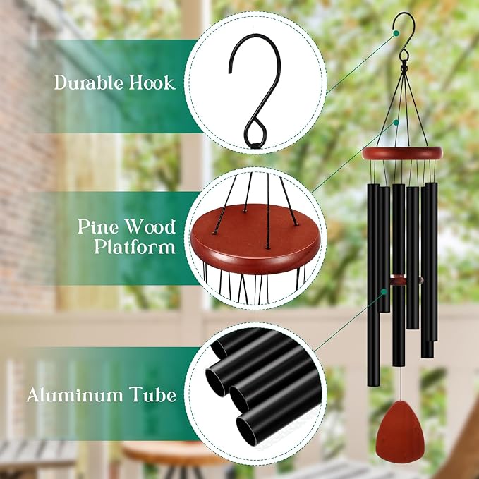 Leinuosen Wind Chimes for Outside Wind Chimes Outdoors Deep Tones 28" with 6 Aluminum Tubes Memorial Sympathy Windchime for Valentine Tree Decor Garden Courtyard Mom Loved One Gifts(Classic,Black)