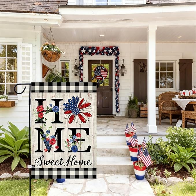 ORTIGIA 4th of July Patrioctic Garden Flag Burlap Vertical Double Sided Independence Day Memorial Day Home Sweet Home Sunflower Small Flag Home Yard Outside Outdoor Decor 12.5x18 Inch