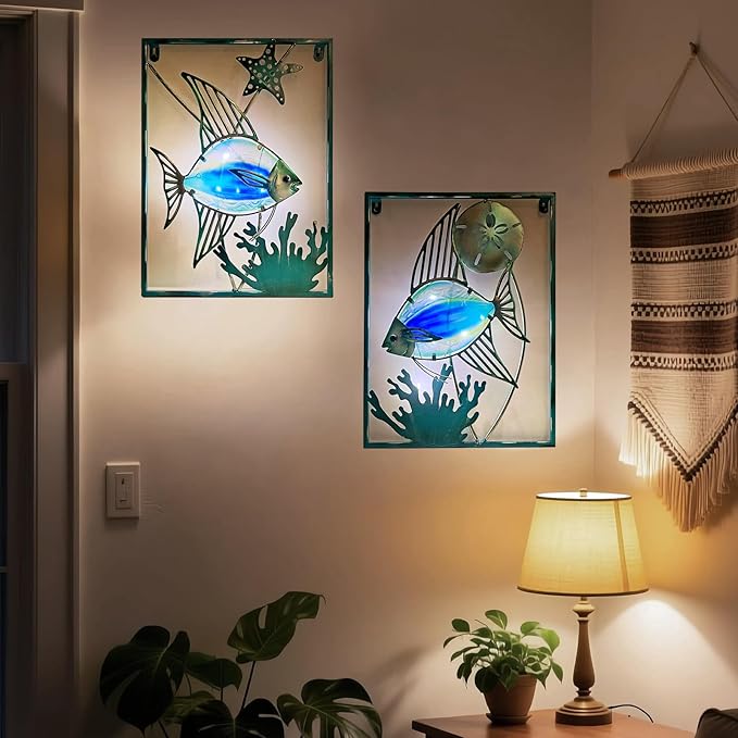 LIFFY Metal Fish Wall Decor with Frame-Outdoor Wall Art, Wall Decor with LED Fairy Lights, Fish Glass Art Wall Sculpture for Patio,Beach,Garden,Yard,Pool,home gift(2pcs, Blue)