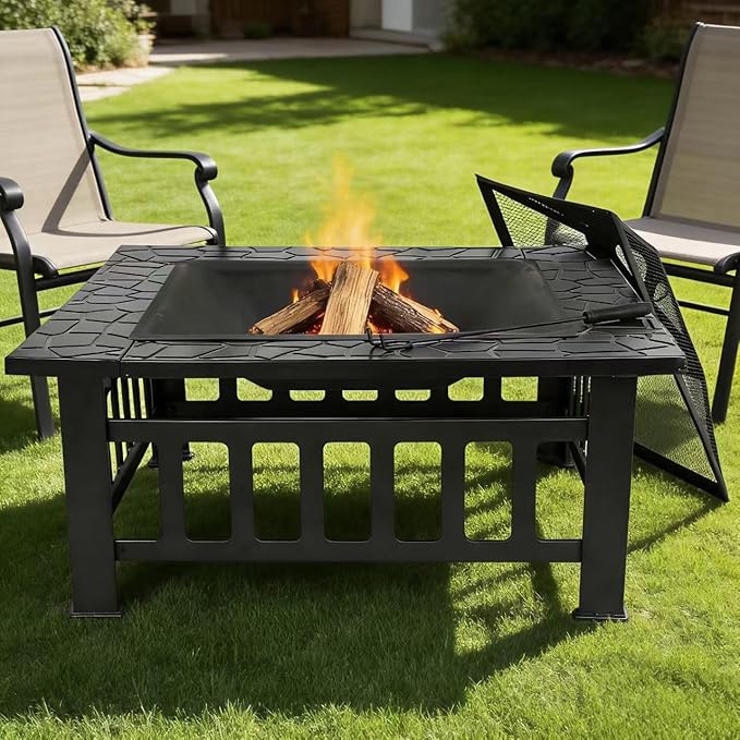 ZENY 32 inch Outdoor Fire Pit with Grill for Outside Wood Burning, Square Metal Outside Fireplaces, Spark Screen and Poker Included for Backyard Patio Camping Bonfire