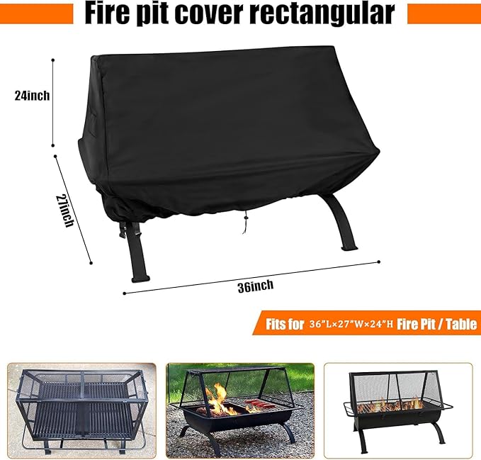 Fire Pit Cover Rectangular 36 Inch 600D,Cover for Rectangular Fire Pit with Grill ,Outdoor Waterproof Firepit Cover - 36 X 27 X 24 Inch