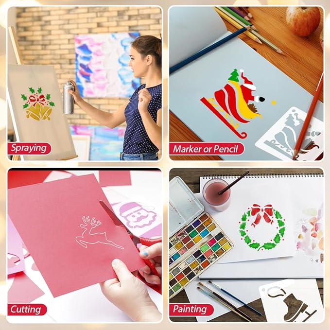50 PCS Christmas Painting Stencils Reusable Christmas Stencils for Painting on Wood Rocks Canvas Fabric Glass Pottery 4x4 Inch