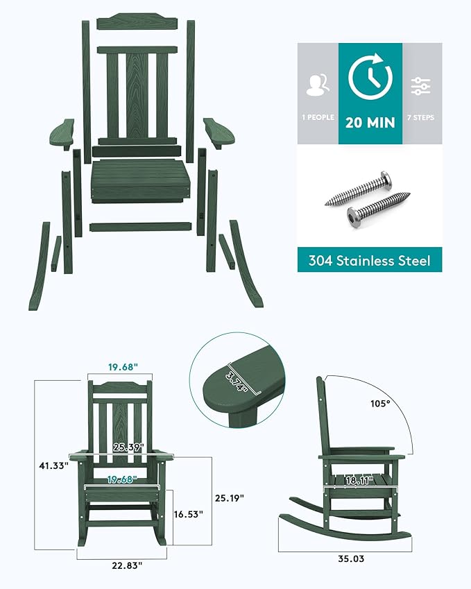 SERWALL Outdoor Rocking Chair, Patio Rocking Chairs for Porch, HDPE Rocking Chair Outdoor for Adults, Heavy Duty Front Porch Rocker, Green