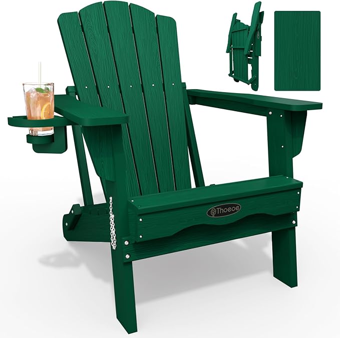 Folding Adirondack Chair,HDPE All-Weather Outdoor Chair with Cup Holder,Wooden Textured,Fire Pit Chair,Plastic Patio Chair for Deck,Backyard,Garden,Lawn(Green)