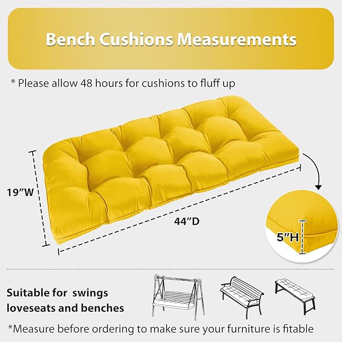 Tufted Bench Cushions for Outdoor Furniture, 44" x 19" Porch Swing Cushions Filled with Foam, Overstuffed Patio Cushions for Bench Loveseat with 2-3 Seats,Thick and Water Resistant, Yellow