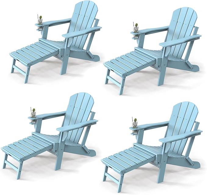 VINGLI Folding Adirondack Chair Set of 4 with Ottoman, Waterproof Plastic HDPE Firepit Chair for Outside with Hidden Footrests, Foldable Ergonomics Seating for Patio Porch Yard Garden(Blue)