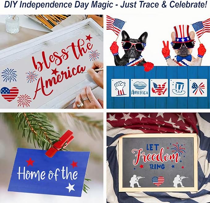 Patriotic Stencils for Painting, 28PCS Independence Day Templates Multi-Size Set (8x8, 6x6, 3x3) Clear PET Plastic with American Flag Patterns for Home Decor, Party Decorations and DIY Crafts