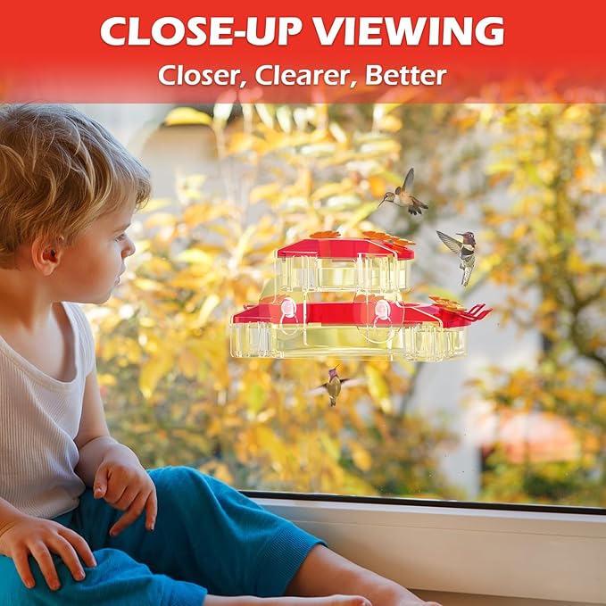 Birdream 2 Pack Window Hummingbird Feeders for Outdoors, with Strong Suction Cups & 7 Feeding Ports, Easy to Refill and Maintain, Gift for Bird Lover, Plastic Bird Feeder, 10oz Per Pack - Red