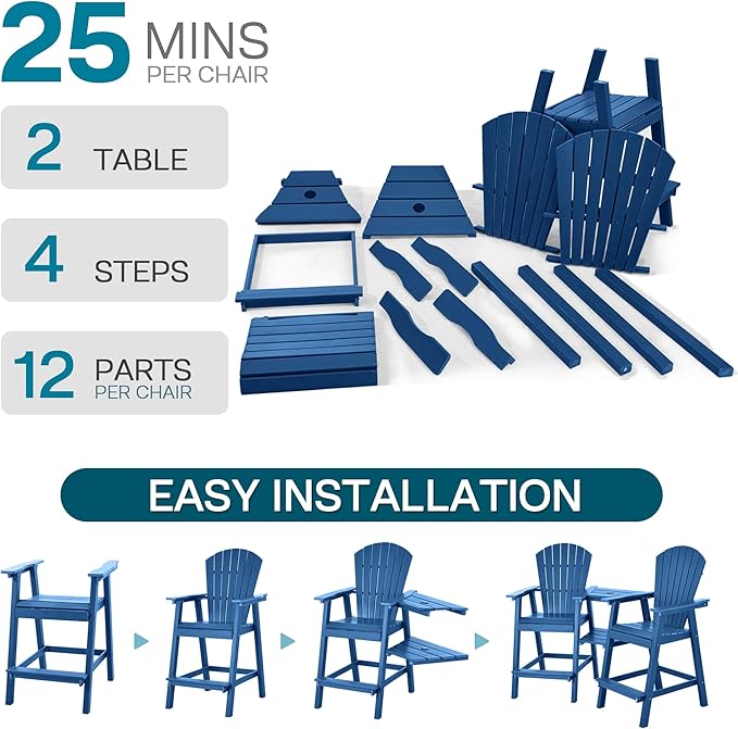 Tall Adirondack Chairs Set of 4, HDPE Balcony Chair with Double Connecting Tray, Weather Resistant Outdoor Adirondack Bar Stools for Patio, Deck, Patio, Backyard, Balcony. (Navy Blue)