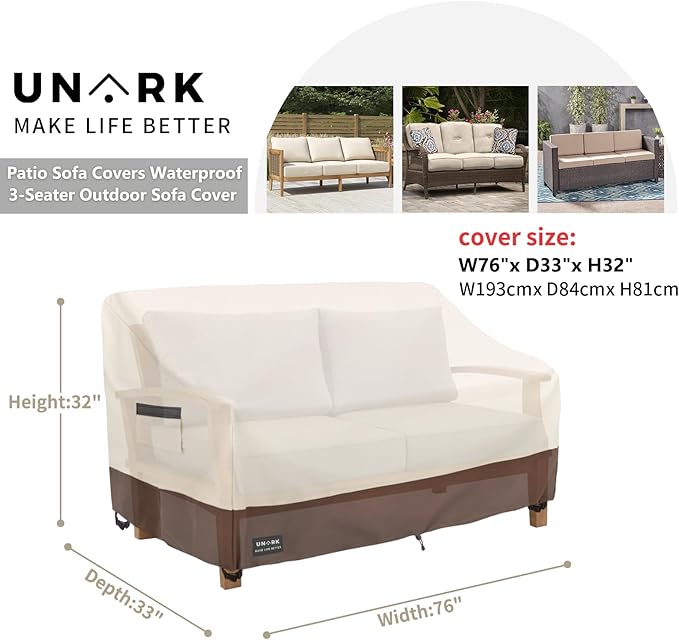 Outdoor 3-Seater Sofa Cover, Heavy Duty Patio Furniture Covers Waterproof, 76W x 33D x 32H Inches Patio Couch Cover Waterproof Couch Covers for Outdoor Furniture, Beige and Brown