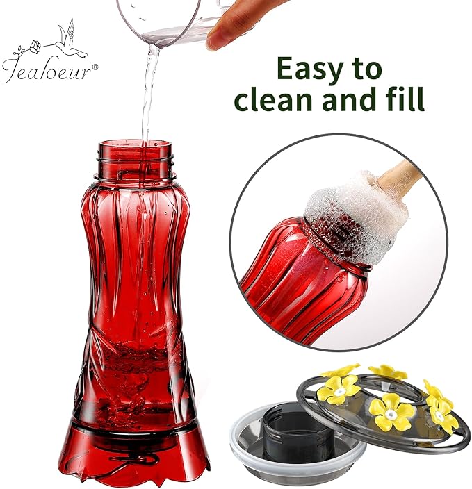 Hummingbird Feeder for Outdoors Hanging, 18 OZ Humming Birds Feeders with 6 Bee Guard Feeding Ports & Built-in Ant Moat, Easy to Clean, Durable Outdoor Garden Decor (Red 2 Pack)
