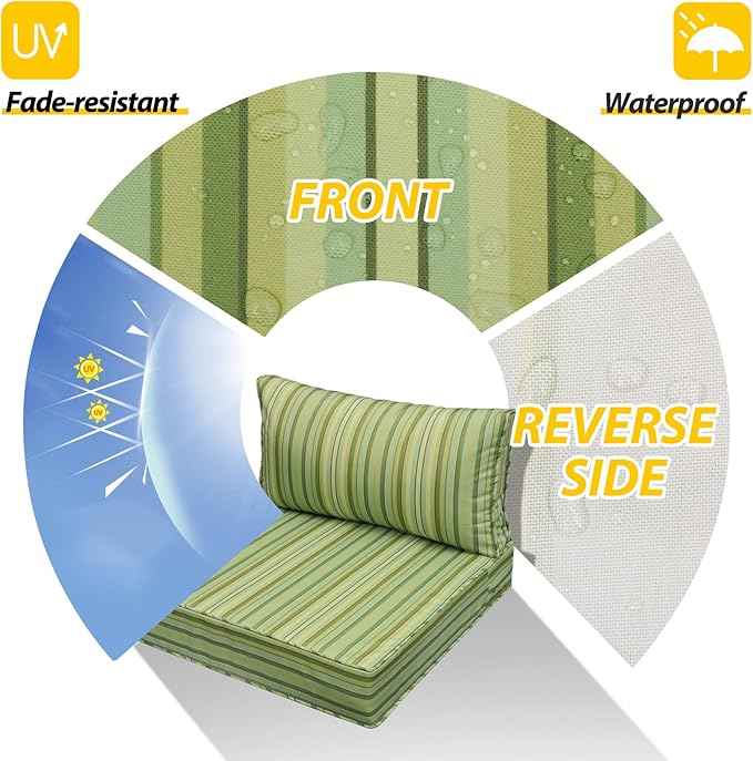 AAAAAcessories Outdoor Seat Cushions for Chairs, Fade-Resistant, Waterproof Patio Furniture Replacement Cushions, 24" x 24" x 5" + 24" x 13.5", Mossy Forest Stripe