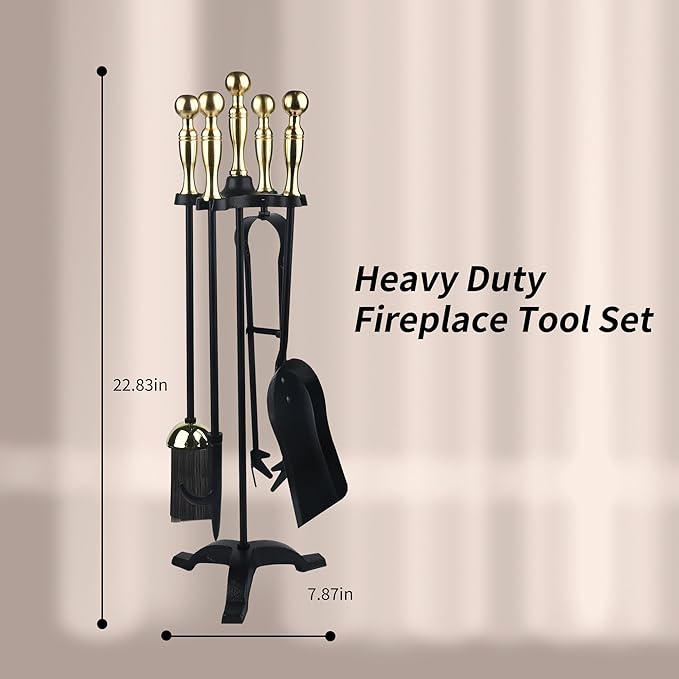 5-Piece Fireplace Tools Set with Stand – Wrought Iron Fire Pit Tool Kit with Poker, Tongs, Shovel, Brush & Heavy-Duty Base for Indoor or Outdoor Fireplaces (Black)