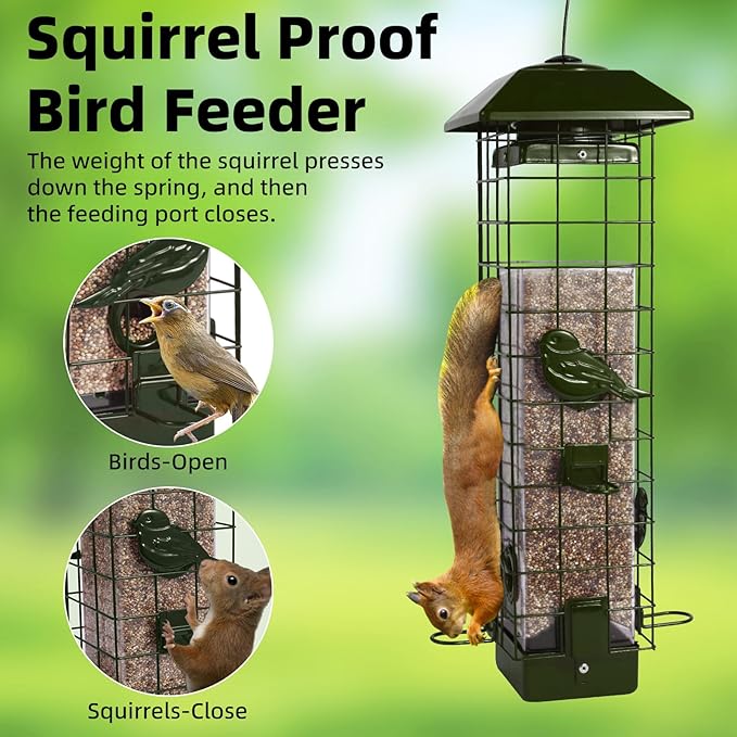 Squirrel Proof Bird Feeder, Metal Mesh Bird Feeder for Outside, Large Capacity and 4 Ports Perches (Green)