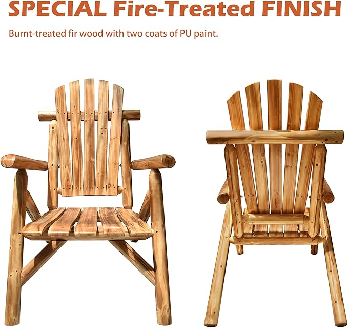 DJL Adirondack Wooden Chair Set of 2 Outdoor Patio Lounge Log Cabin Furniture Rustic Solid Wood Comfortable Seating for Porch, Balcony, Lawn, Fire Pit, Deck, Brown, 42.12 Inches Tall