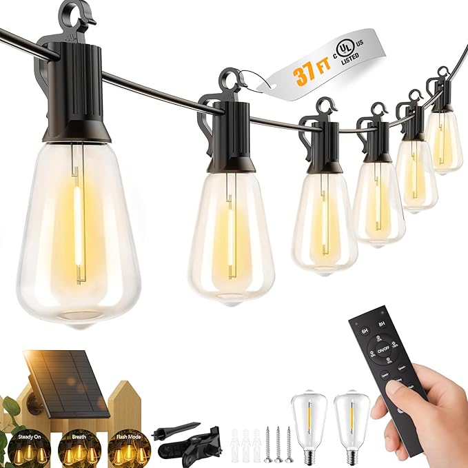 Brightown 37FT Solar String Lights Outdoor Waterproof with Remote, 10+1 LED Shatterproof Bulbs, Dimmable & Timable, 3 Light Modes - Commercial Grade Patio Lights for Garden Backyard Party Decor