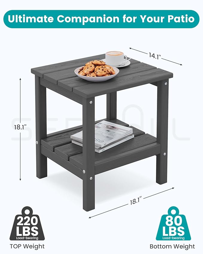 SERWALL 2-Tier HDPE Outdoor Side Tables Set of 2, Weatherproof Rectangular Adirondack Side Table, Gray