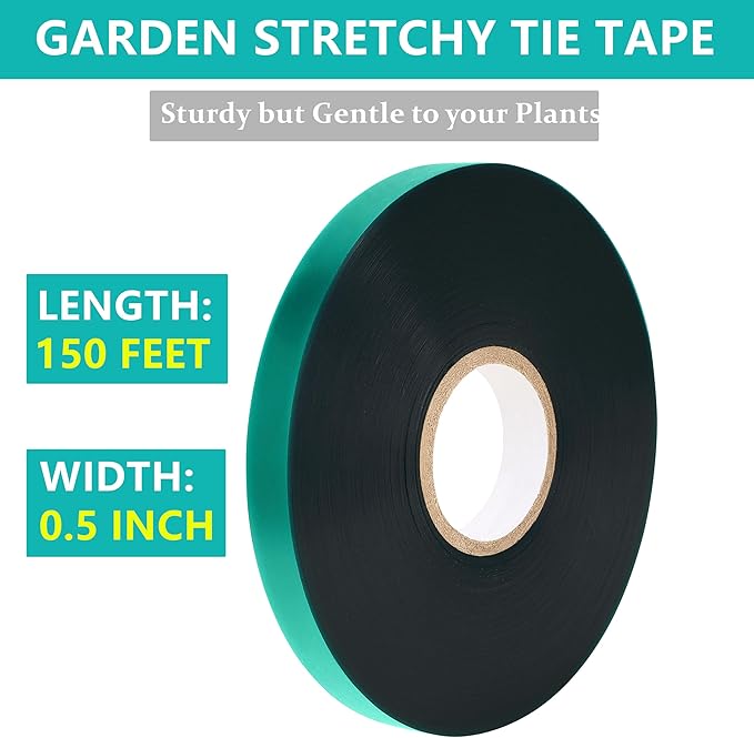 Stretch Tie Tape Roll -150 Feet 1/2" Non-Sticky Garden Tie Roll Thick Sturdy Garden Plant Ties Green Vinyl Stake Plant Ribbon for Tomatoes, Grapes and Trees Green Garden Ribbon