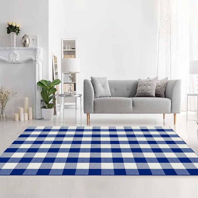 MUBIN Cotton Buffalo Plaid Rug, 4'x 6' Blue and White Outdoor Rug Front Door Decorative Mat, Hand-Woven Foldable Rug for Layered Door Mats Washable Carpet for Front Porch, Entryway, Farmhouse
