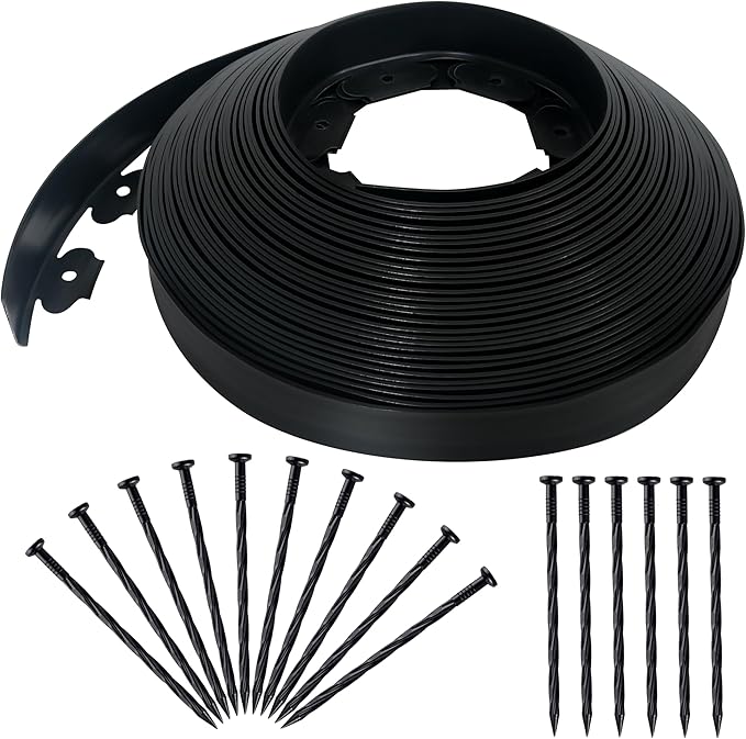 2 Inch x 100FT Landscape Edging Border with 150 Anchoring Spikes, No Dig Garden Border Edging Kit, Plastic Flexible Edging for Landscaping Garden Flower Beds Lawn Yard Paver Pathway, Black