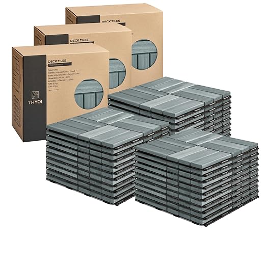 Deck Tiles, Patio Flooring - Outdoor Waterproof Acacia Wood Tiles for All Weather Use - Balcony, Backyard, Indoor & Outdoor (Grey Crossed Pattern, 30 Pcs - 30 Square Ft)