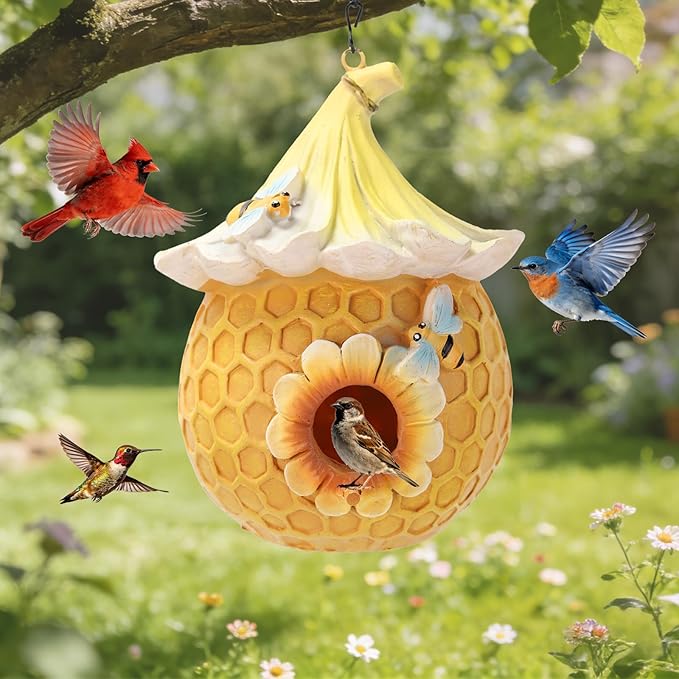 Bird Houses for Outside Pink Cottage Resin Birdhouse, Garden Outdoor Decor Bird House with Flower and Bees, Birdhouses for Outdoors for Bluebird Finches Cardinals