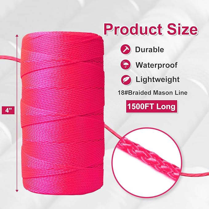 Mason Line String Line,1500 Ft Length Nylon Twine,18 Braided Nylon String for Gardening Or Masonry Tools,Twine String for Gardening,Pink