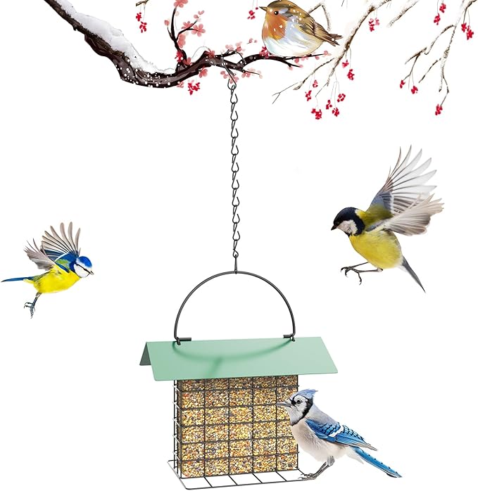 Bird Feeder for Outdoors, Suet Feeder Hanging, Attracts Nuthatches, Woodpeckers, Creepers, Weatherproof Bird Feeders for Wild Birds Woodpecker, Single Suet Cage for Outdoor