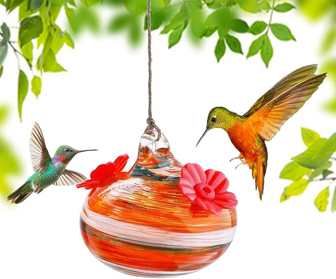 Small Glass Hummingbird Feeders for Outdoors 3in Hanging Blown Glass Ball Humming Birds Feeder with 2 Feeding Ports for Outside Garden Patio Decor for Window
