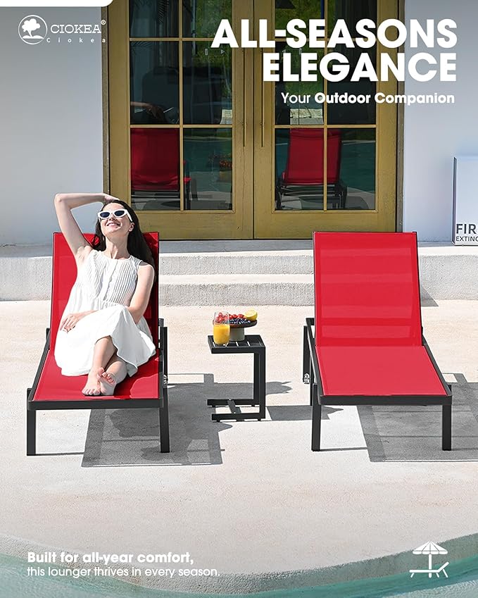 Ciokea Aluminum Chaise Lounge Chair Outdoor with Wheels, Patio Lounge Chair with Adjustable 5-Position Recliner and Full Flat Tanning Chair for Patio, Beach, Pool, Red
